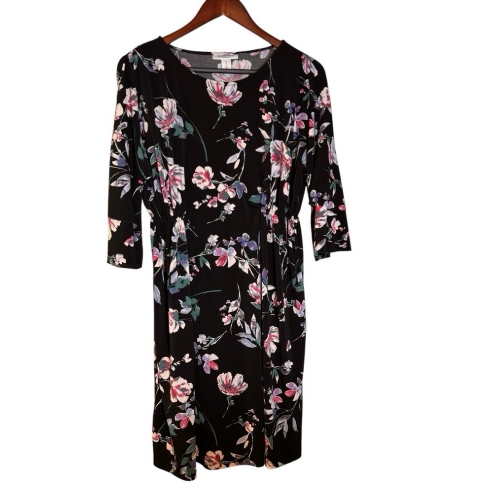 Motherhood Maternity Floral Dress Medium M Black Pink Ruched 3/4 Sleeve Knit